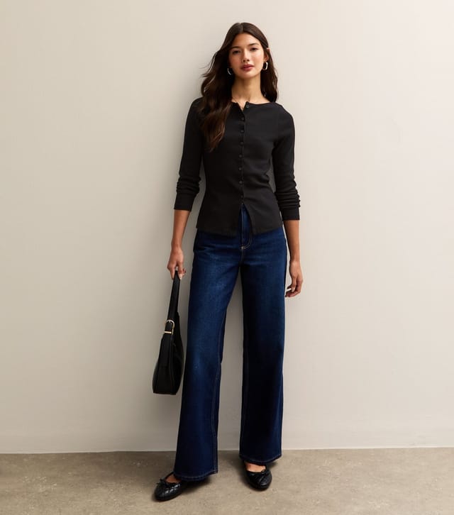 New Look Women's Black Rib Button Up Long Sleeve Top New Look - 3