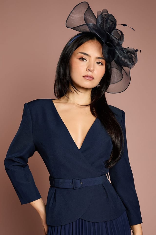 Coast Coast Women's Petite Crepe Bodice Long Sleeve Pleated Midi Dress in Navy - 2
