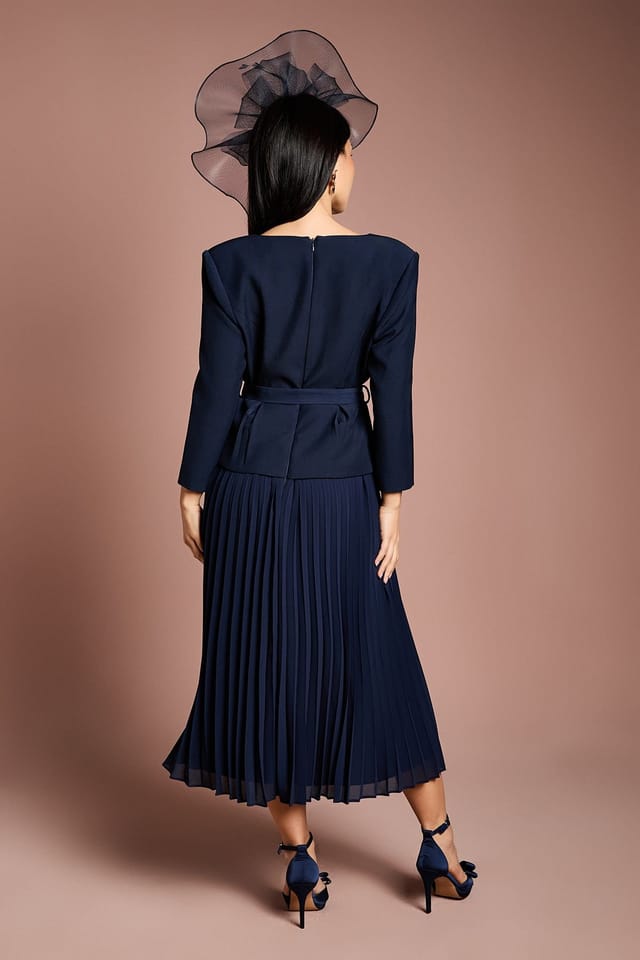 Coast Coast Women's Petite Crepe Bodice Long Sleeve Pleated Midi Dress in Navy - 3