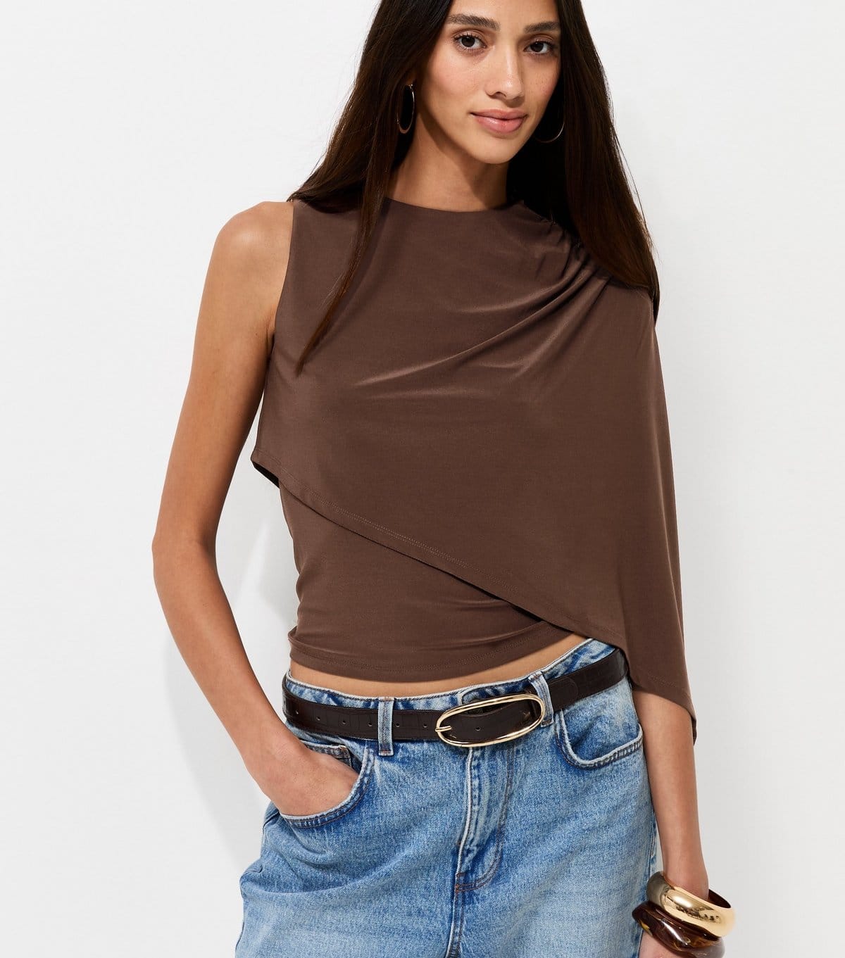 Women's Dark Brown Jersey One Shoulder Cape Sleeve Top New Look