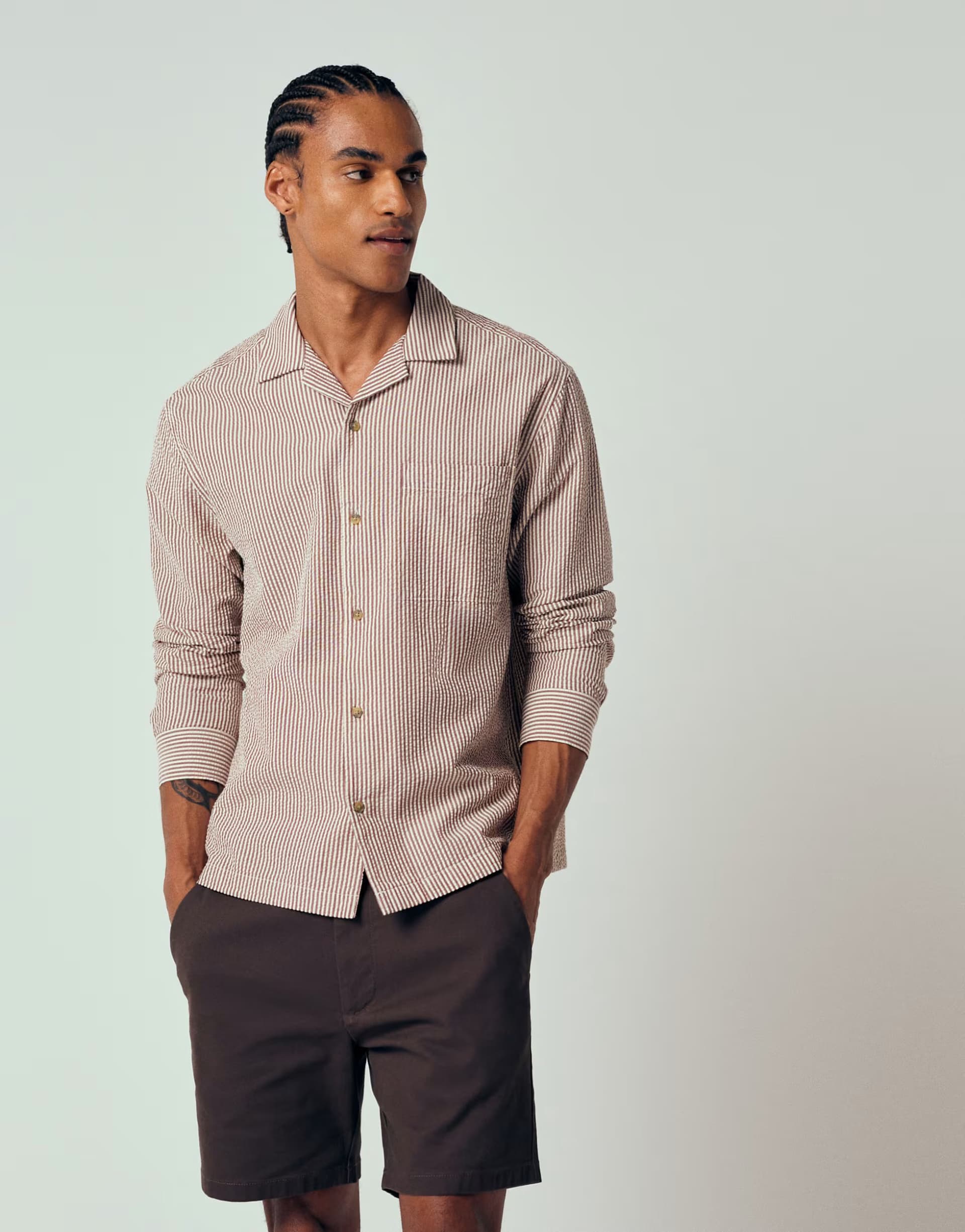 ASOS ASOS DESIGN relaxed revere seersucker stripe shirt in burgundy