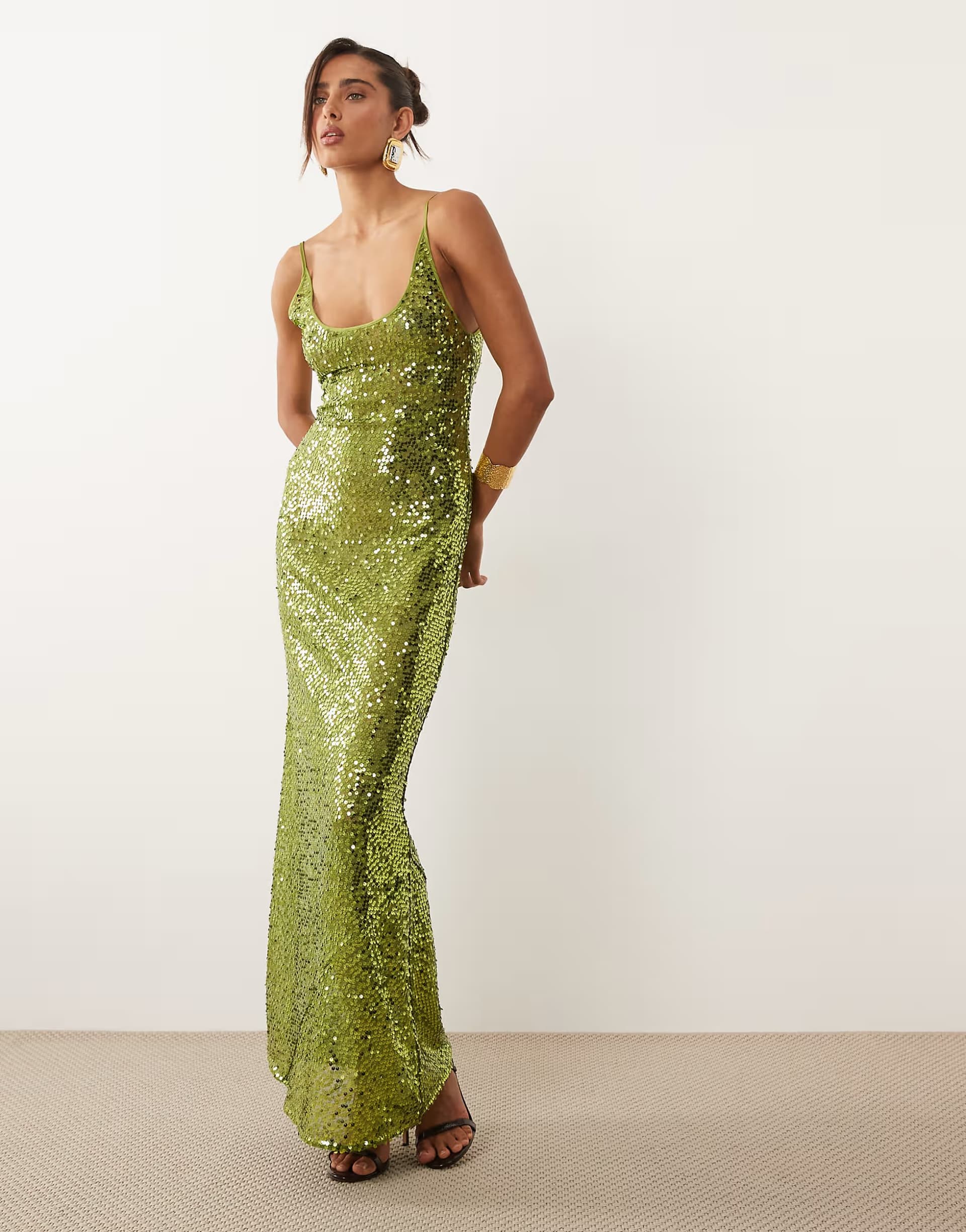 ASOS ASOS DESIGN embellished sheer scattered sequin cami maxi dress in green