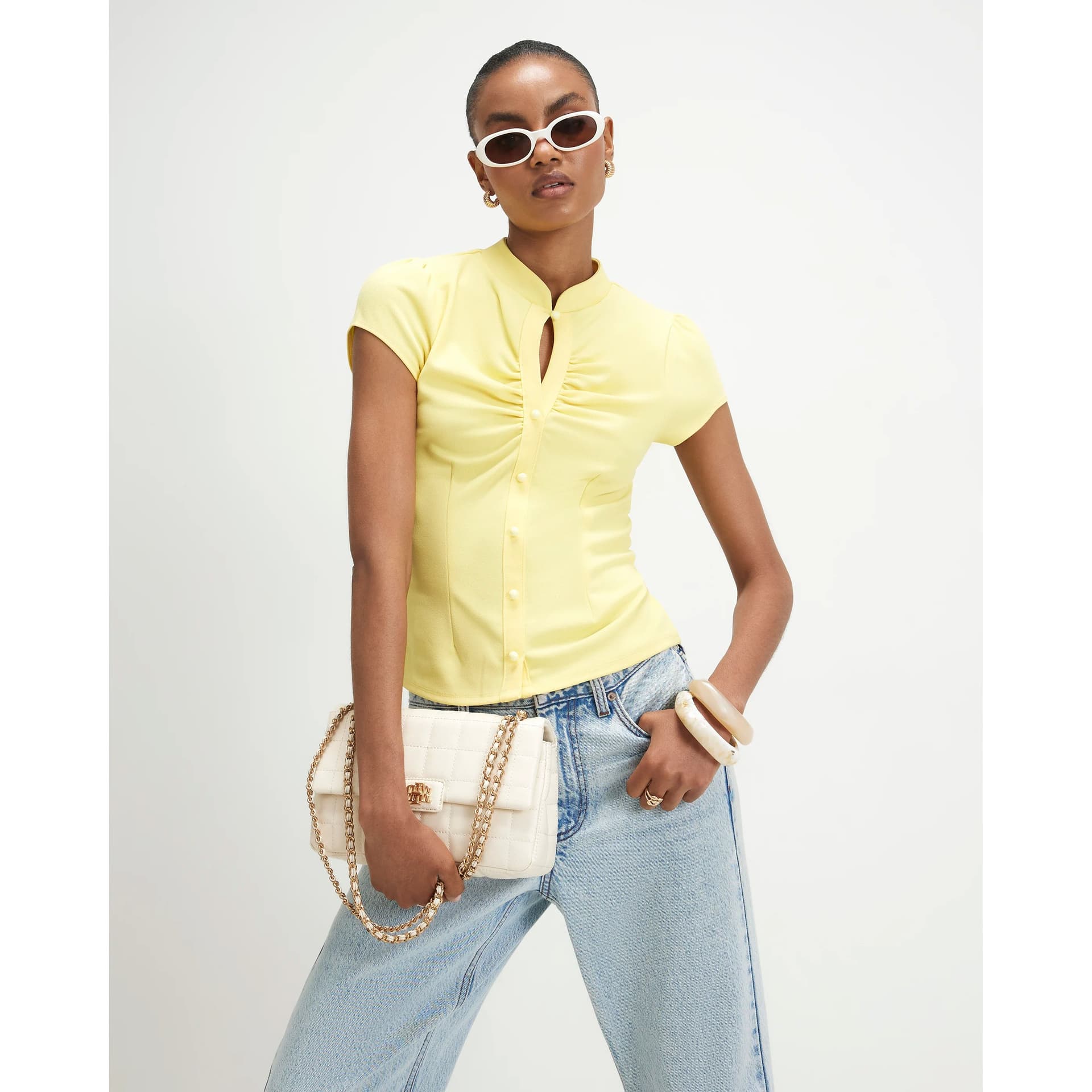River Island River Island Womens Yellow Keyhole Button Front Top