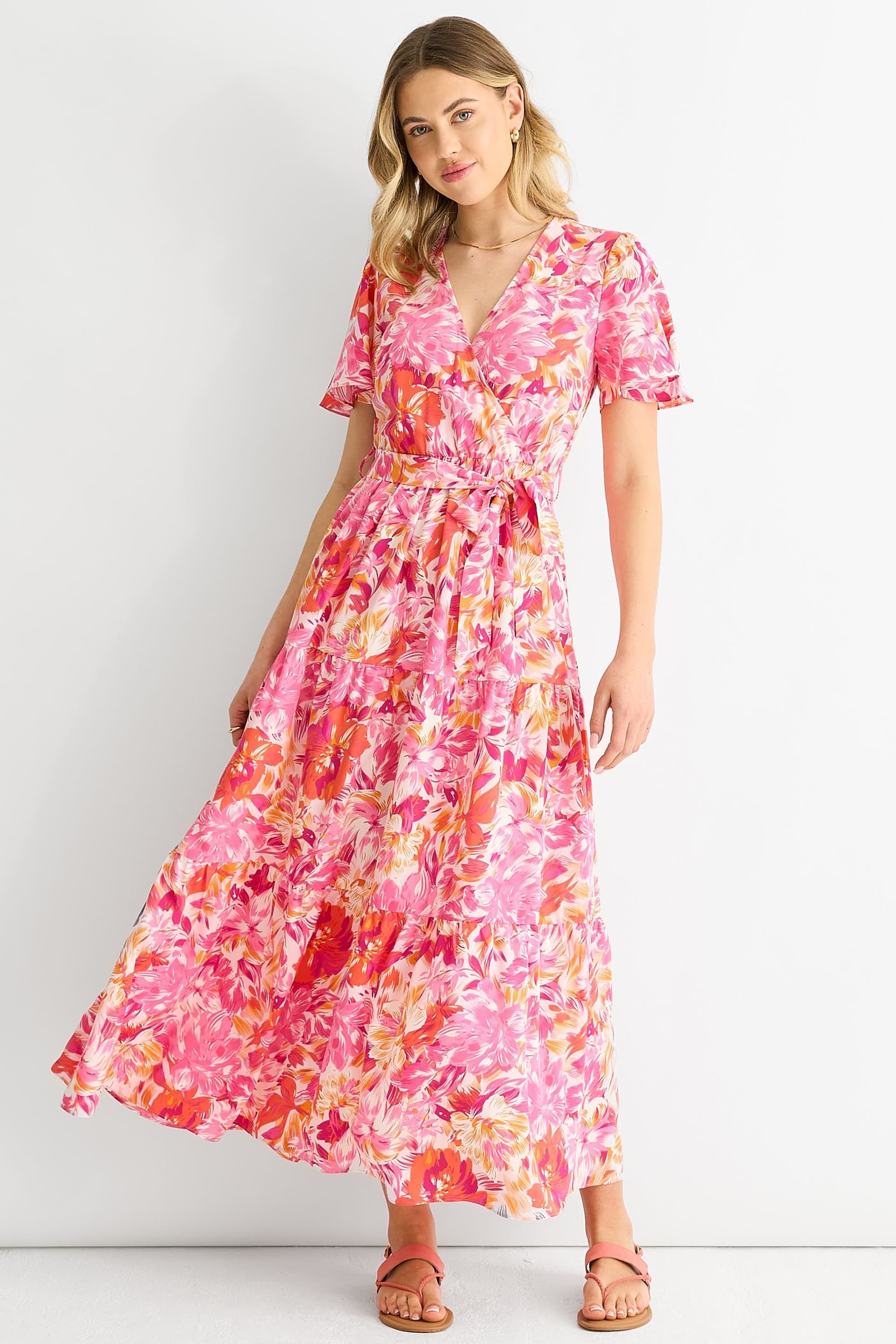 Gini London Gini London Women's Red Floral Wrap Belted Midi Dress