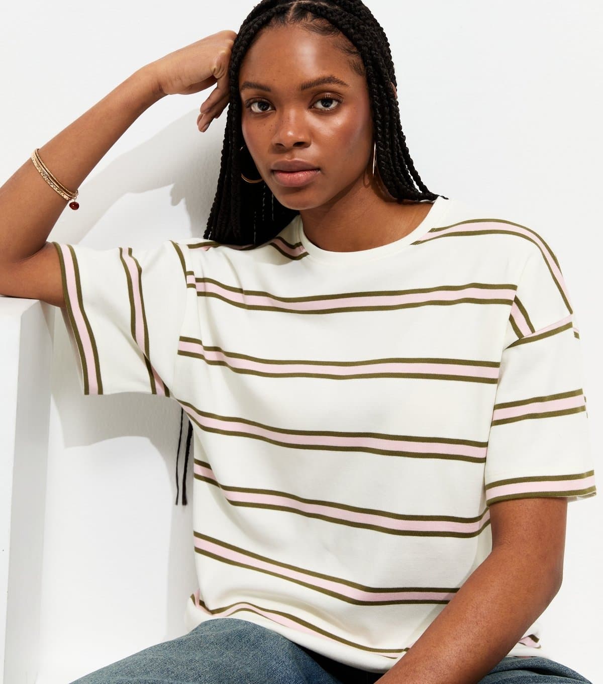 New Look Women's Premium Pink Heavyweight Cotton Striped Oversized T-Shirt New Look