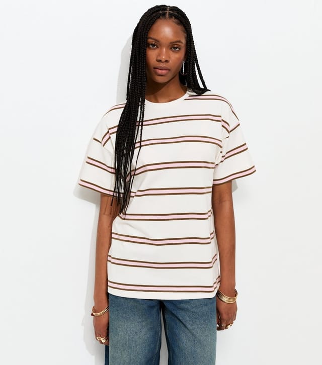 New Look Women's Premium Pink Heavyweight Cotton Striped Oversized T-Shirt New Look - 3