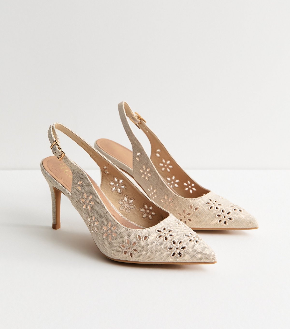 New Look Women's Wide Fit Off White Laser Flower Embroidered Slingback Pumps Vegan New Look - 2