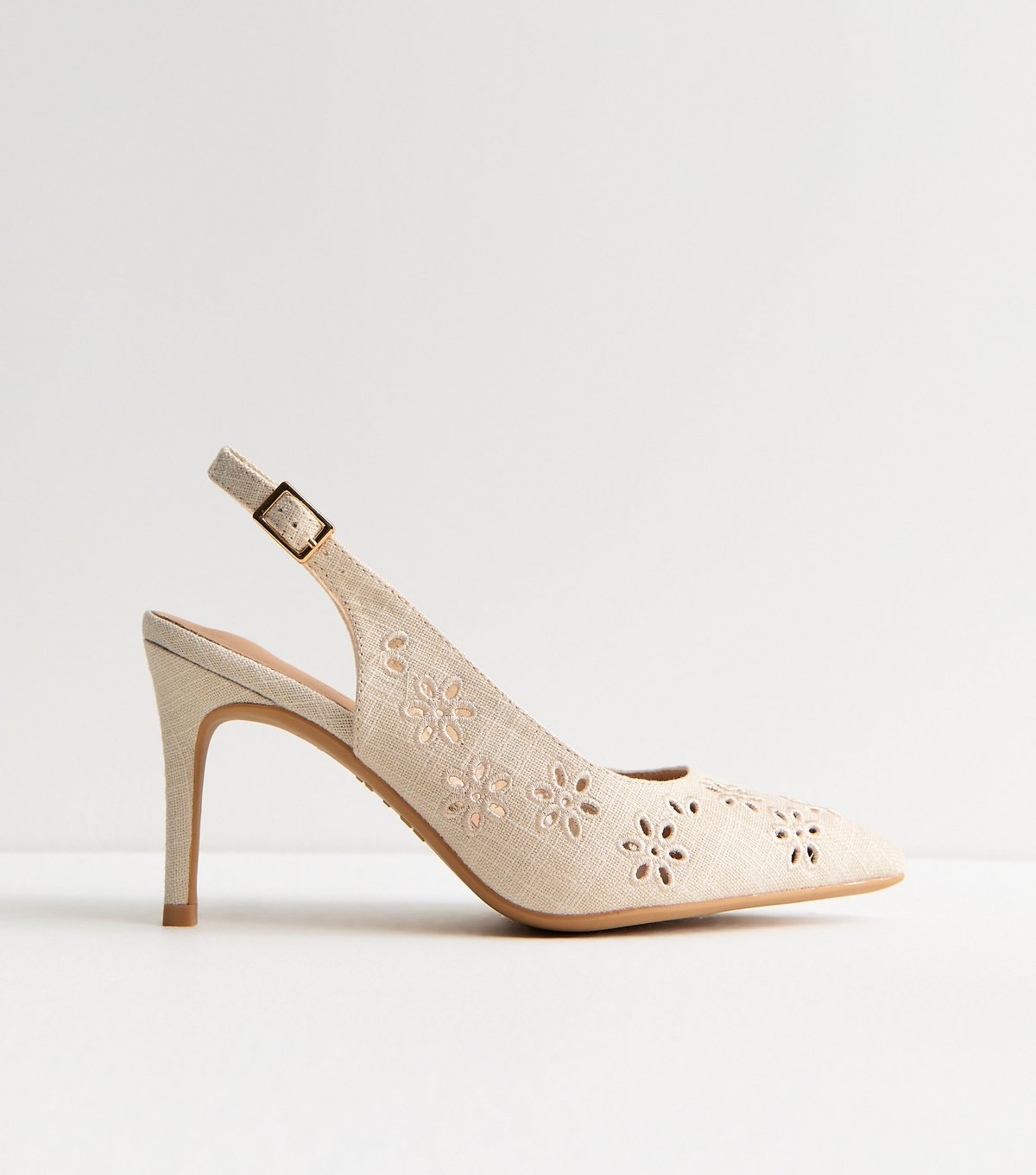 New Look Women's Wide Fit Off White Laser Flower Embroidered Slingback Pumps Vegan New Look - 3