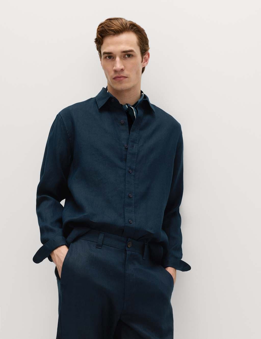 Marks & Spencer M&S Relaxed Fit Pure Linen Shirt Navy