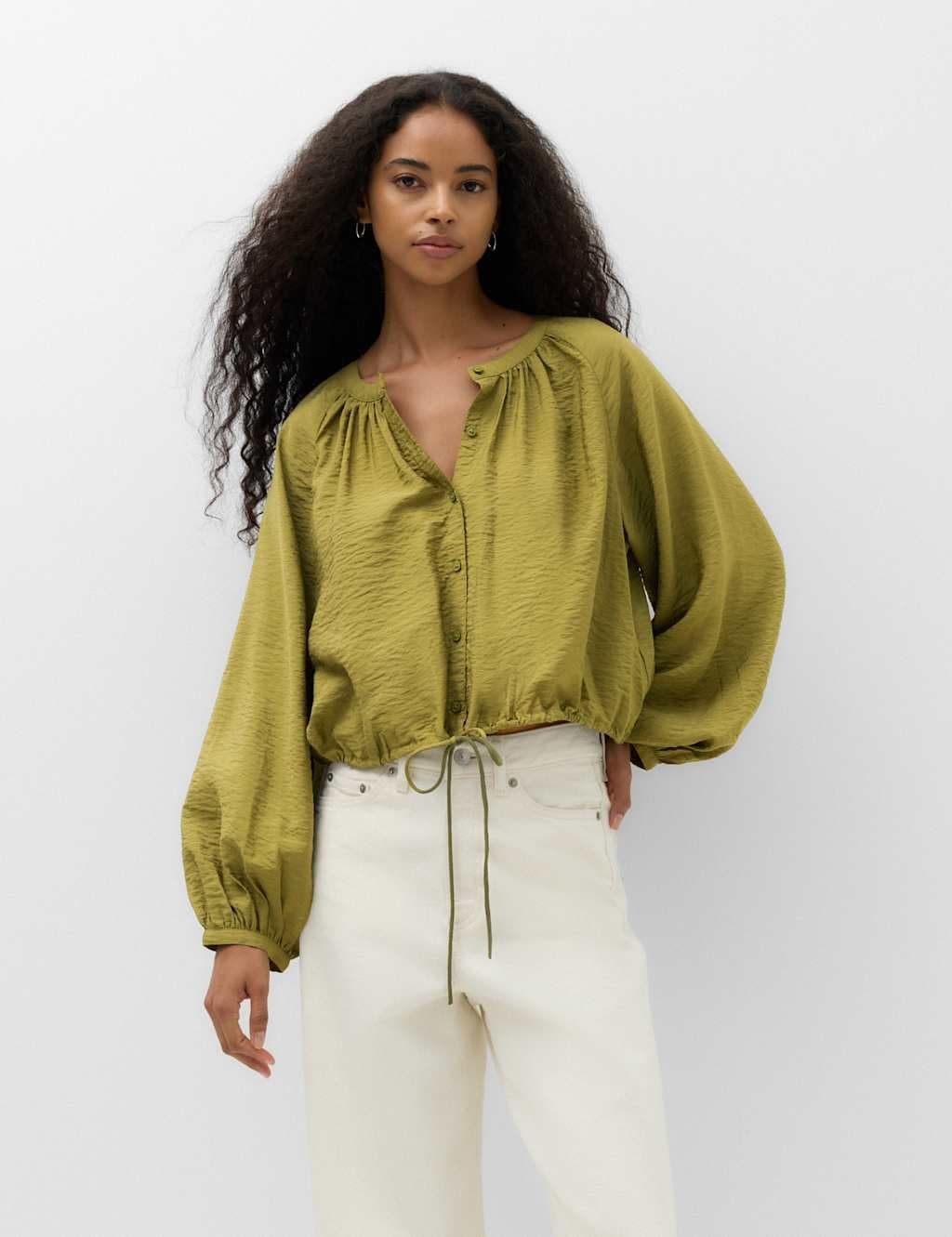 Marks & Spencer M&S Drawstring Button Through Blouse Khaki