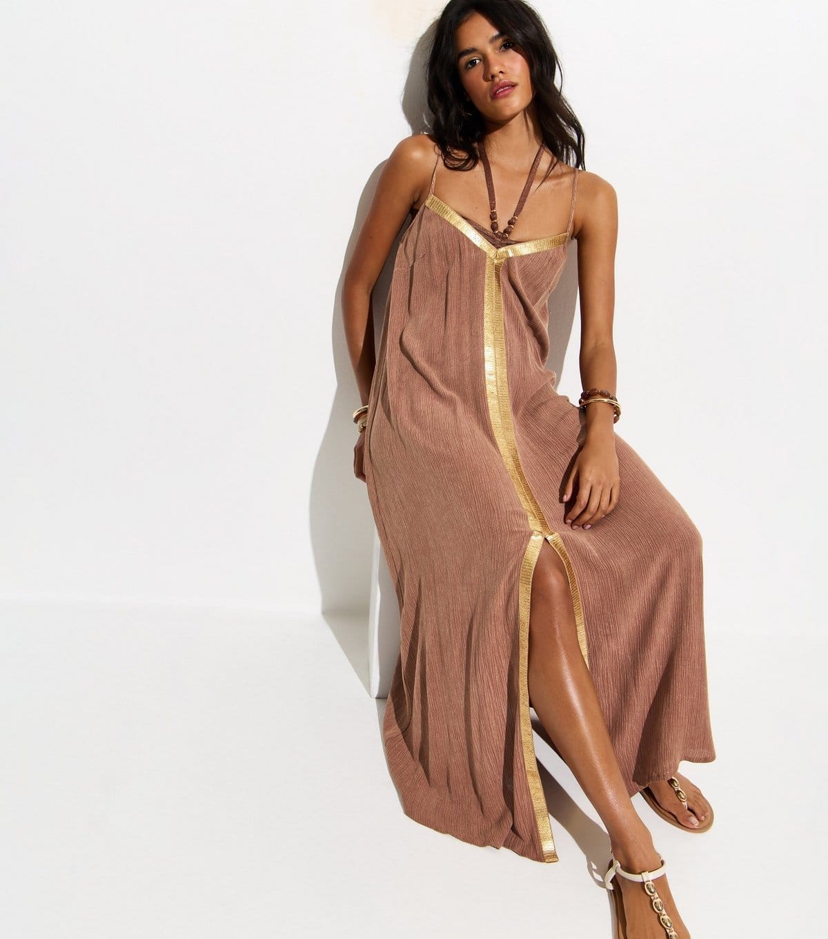 New Look Women's Light Brown Sequin Trim Beach Maxi Dress New Look - 4