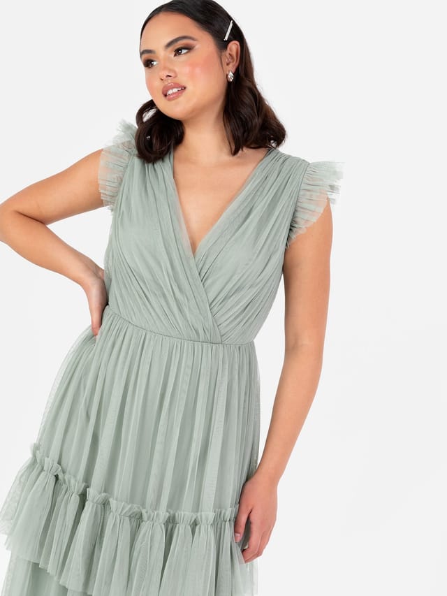 Anaya with Love Anaya with Love Women's Short Sleeve V Neck Tiered Maxi Dress in Green - 2