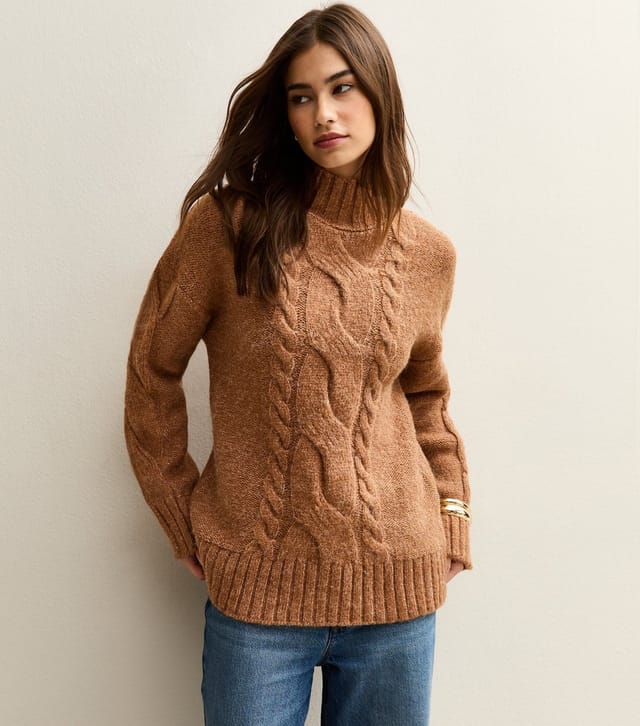 New Look Women's Tan Cable Knit Stand Neck Jumper New Look - 2
