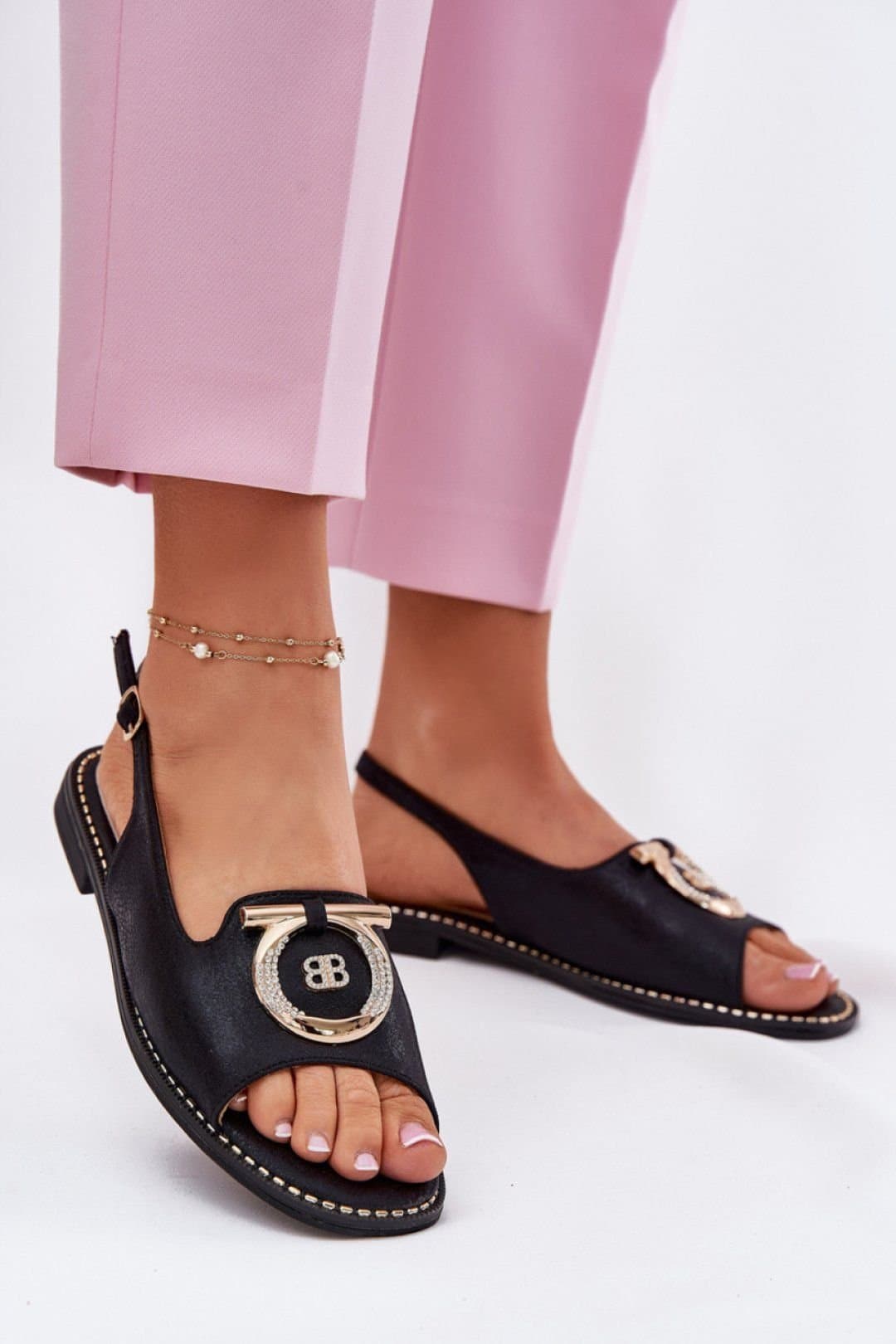 Love Lace Love Lace Women's Elegant Flat Buckle Sandals with Natural Insole in Black