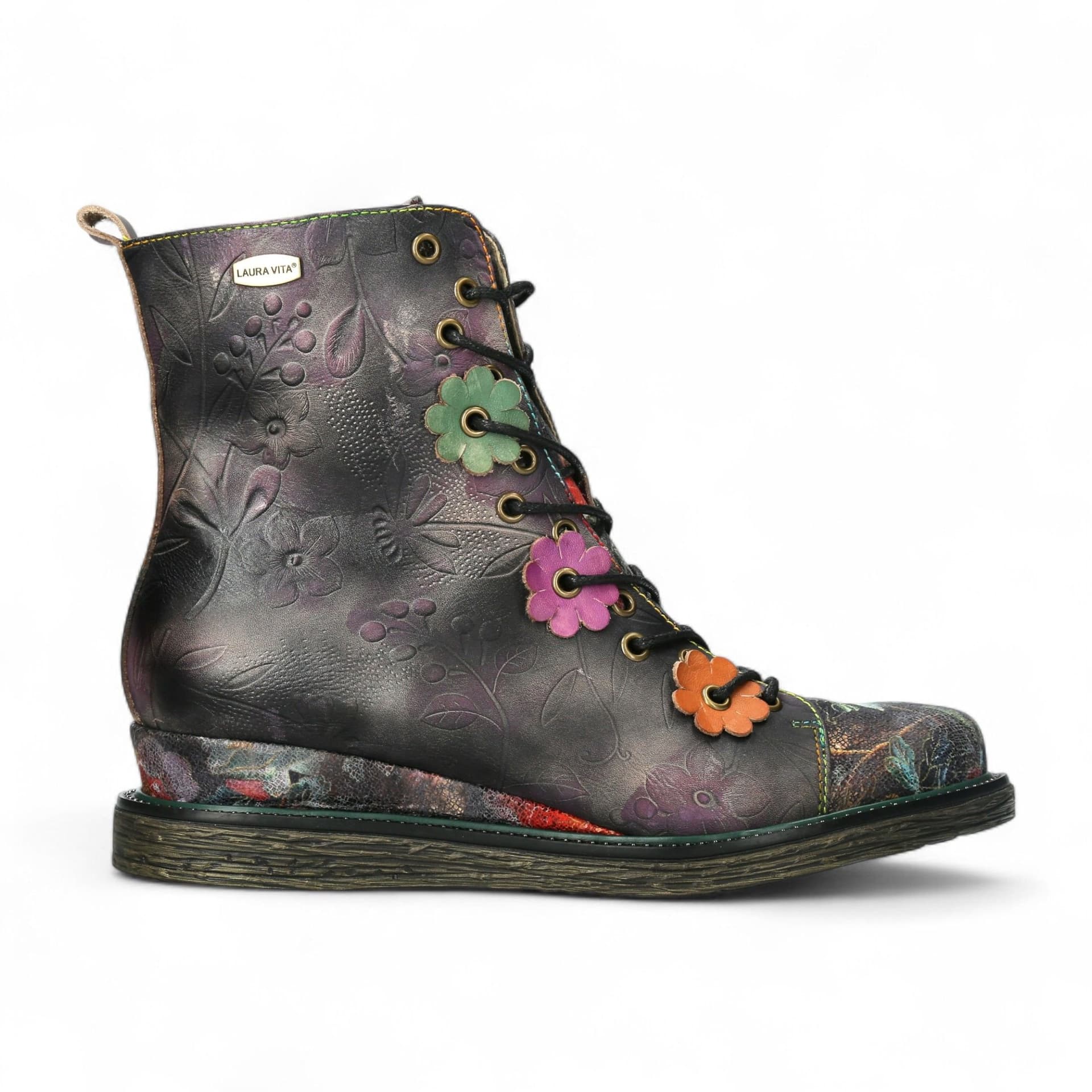 laura vita Laura Vita Women's Ercnaulto 212 Floral Gothic Victorian Leather Ankle Heeled Boots in Grey