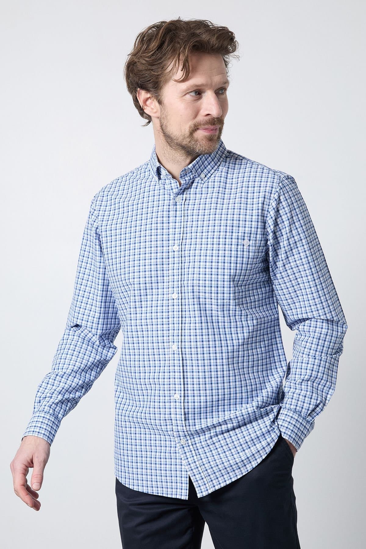 Maine Maine Men's Blue Mini Check Long Sleeve Shirt