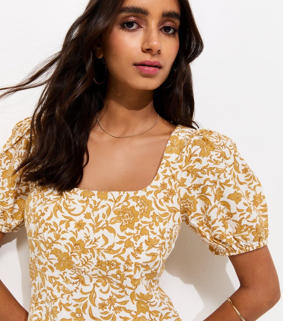 New Look Women's Dark Yellow Linen Rich Ditsy Waisted Top New Look