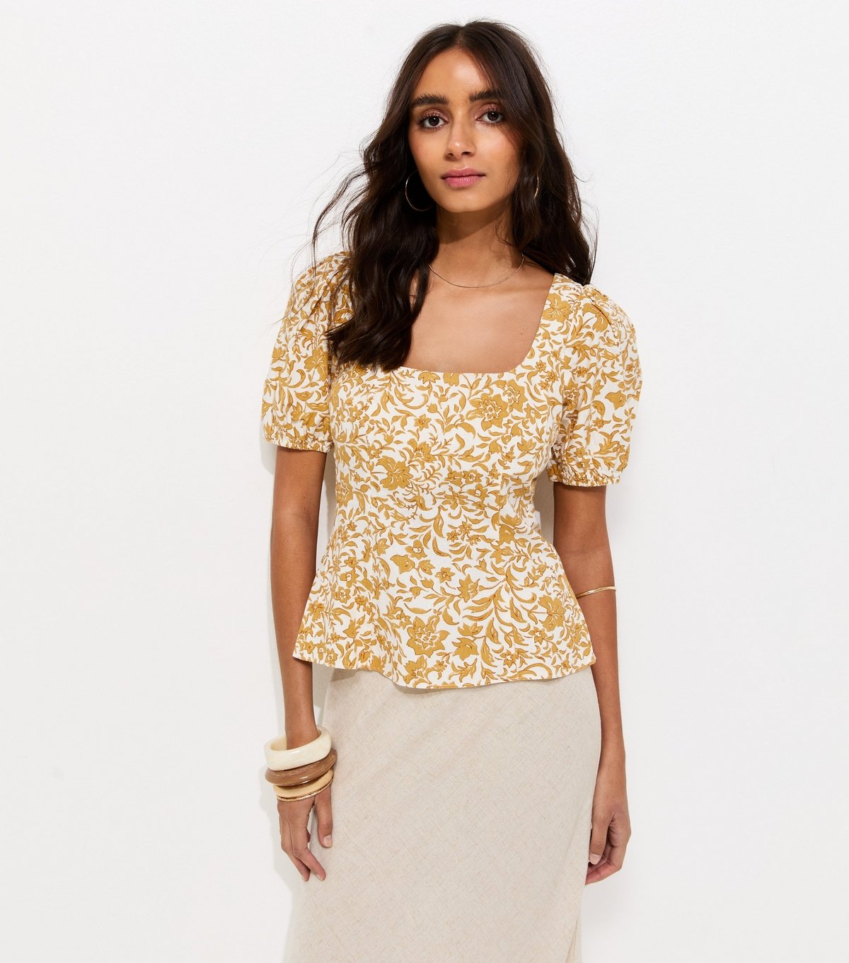 New Look Women's Dark Yellow Linen Rich Ditsy Waisted Top New Look - 2