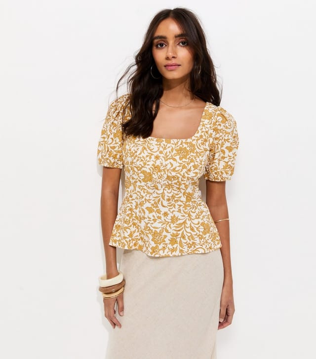 New Look Women's Dark Yellow Linen Rich Ditsy Waisted Top New Look - 2