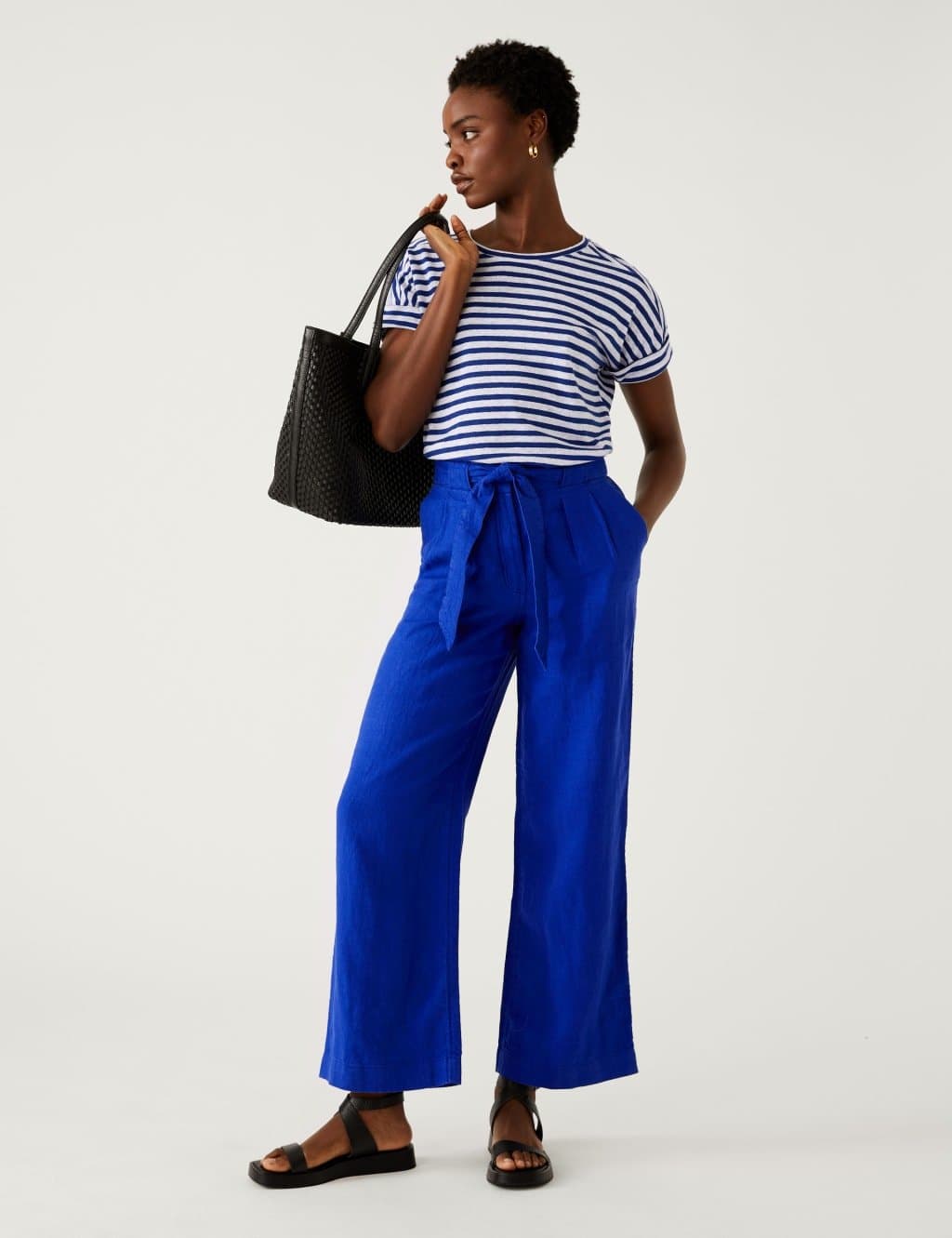 Marks & Spencer M&S Pure Linen Belted Wide Leg Trousers Electric Blue