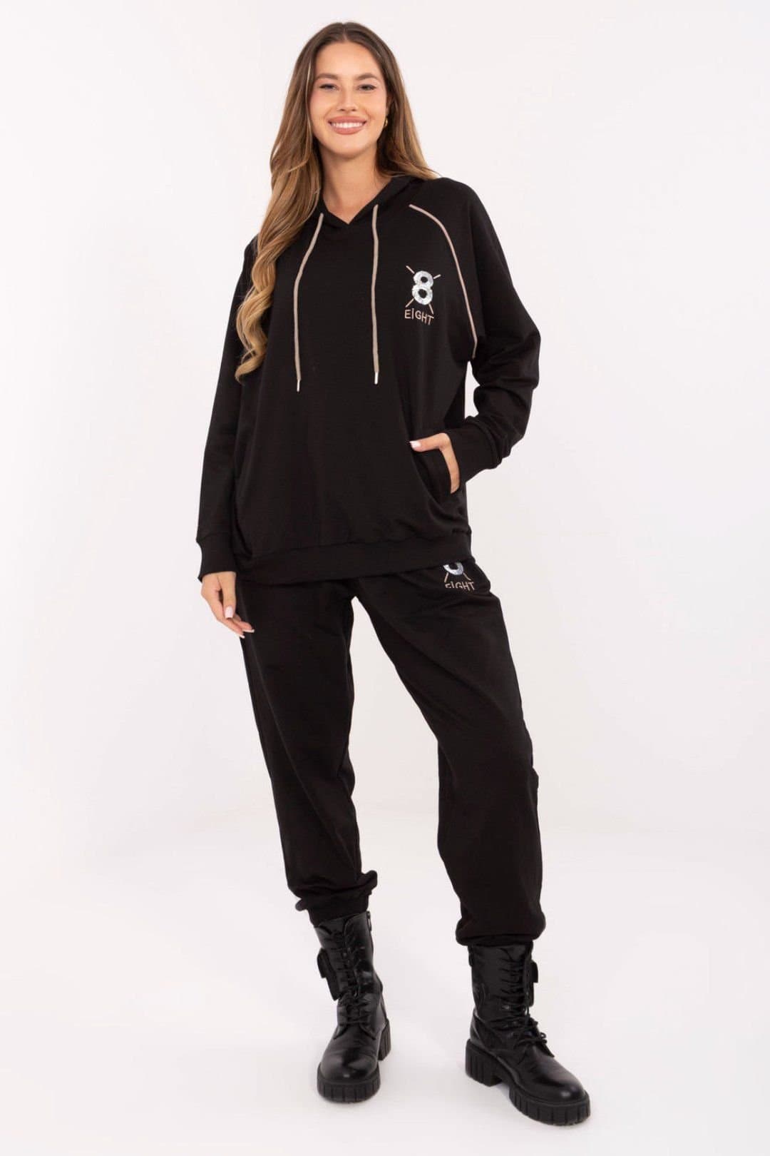 Love Lace Love Lace Black Cotton Zip Hoodie Tracksuit Set with Pockets