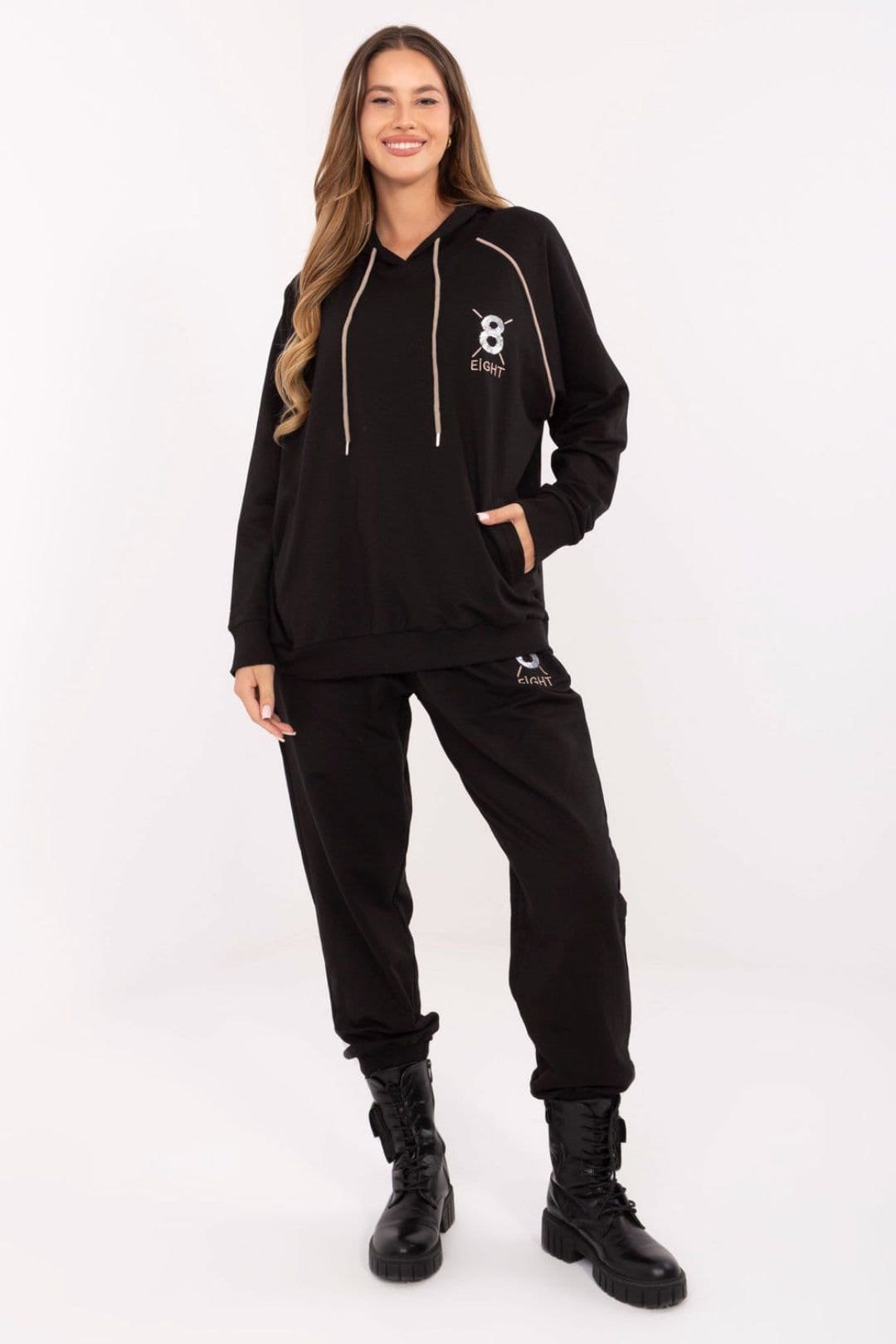 Love Lace Black Cotton Zip Hoodie Tracksuit Set with Pockets