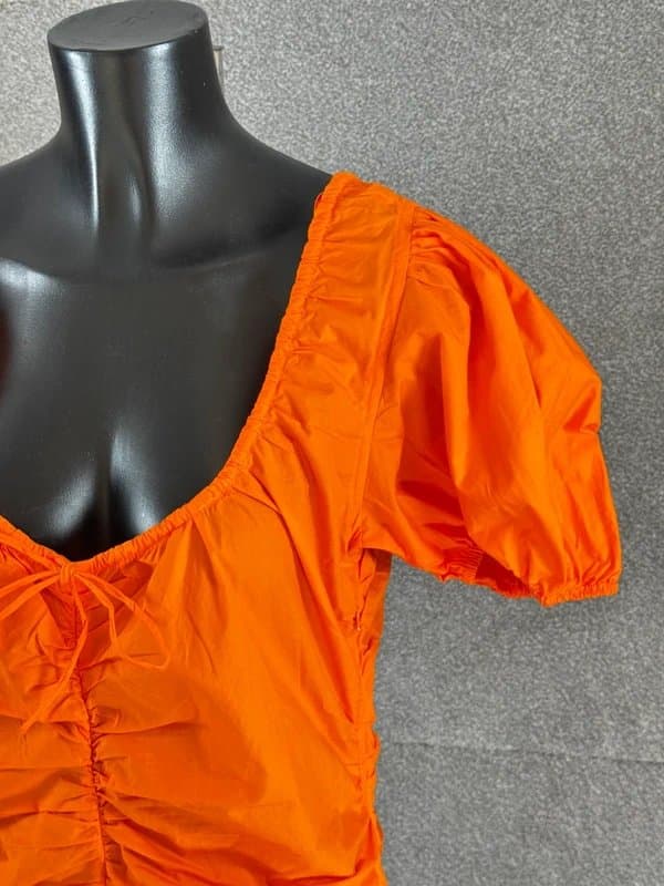 Ganni Ganni Vibrant Orange Organic Cotton Mini Dress UK 14 Ruched Puff Sleeve