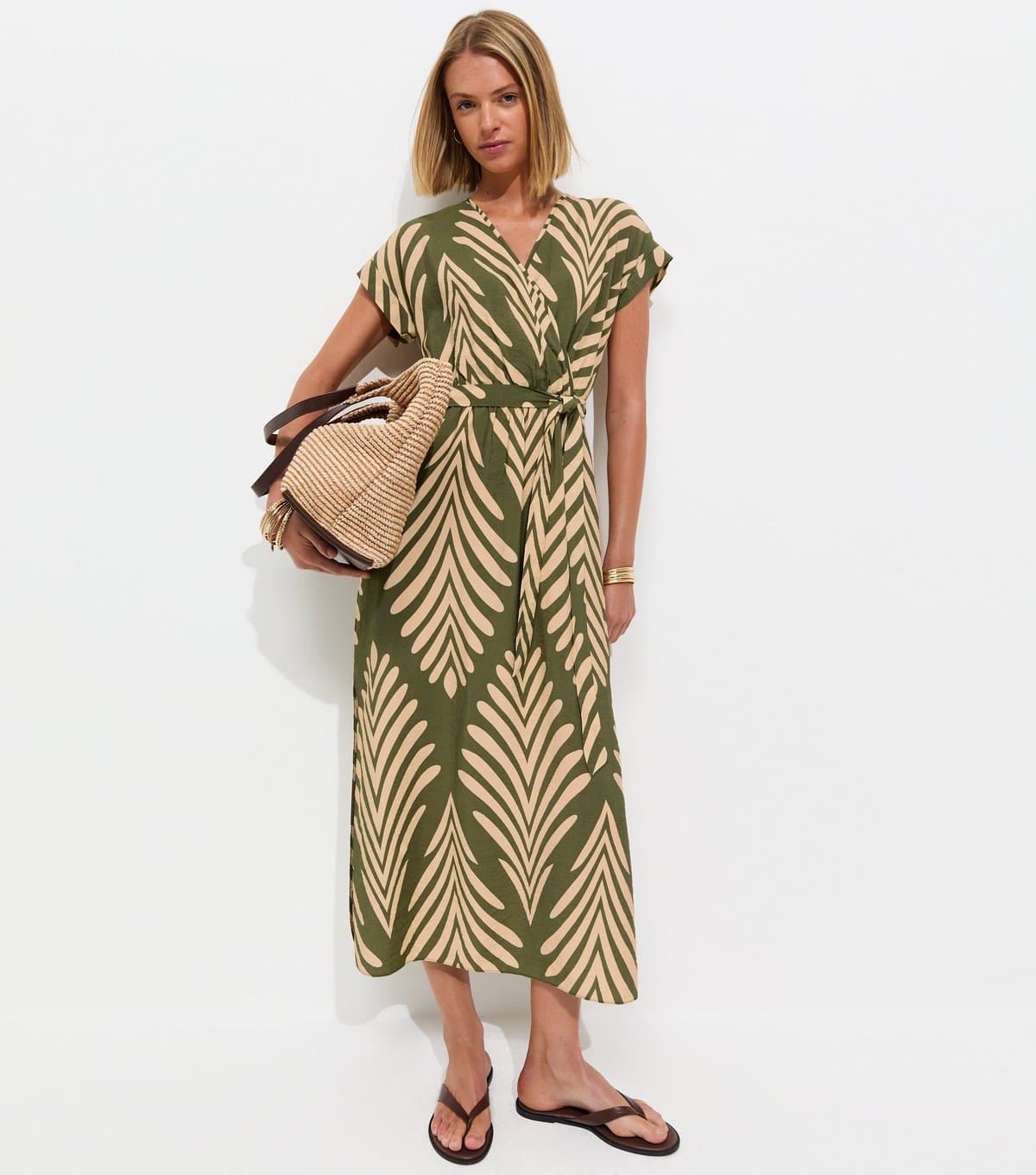New Look Women's Green Palm Pattern Wrap Midi Dress New Look