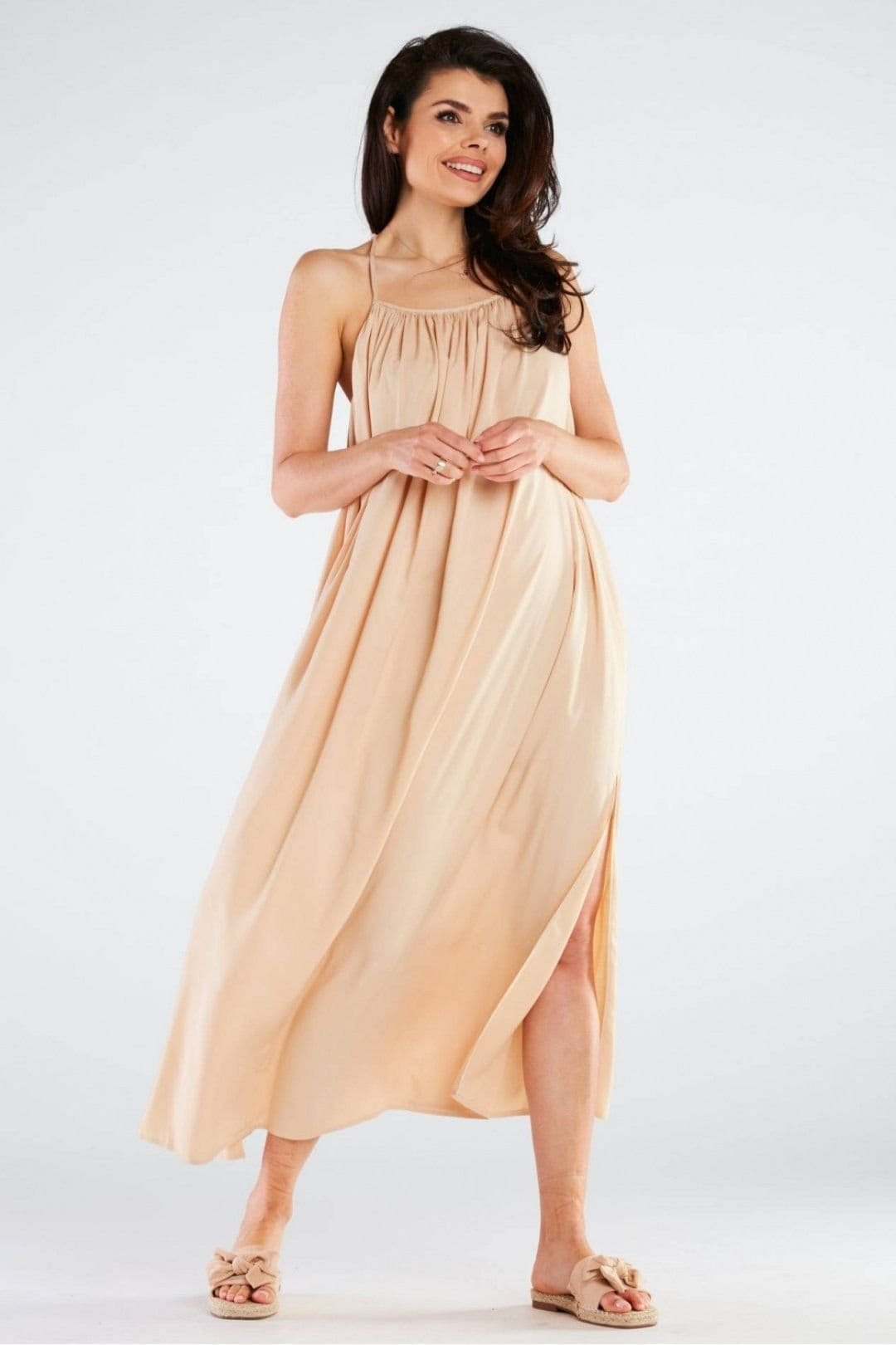Love Lace Beige Viscose Maxi Dress with Circular Back Detail