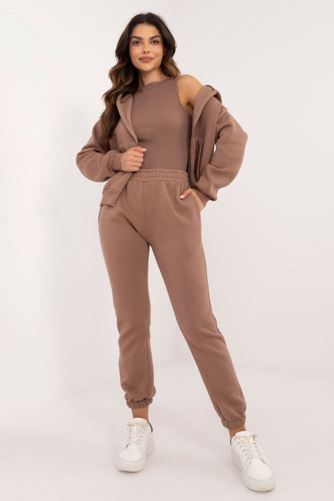 Love Lace Love Lace Women's Cotton Elastane Melange Zip Hoodie Sweats Set in Brown