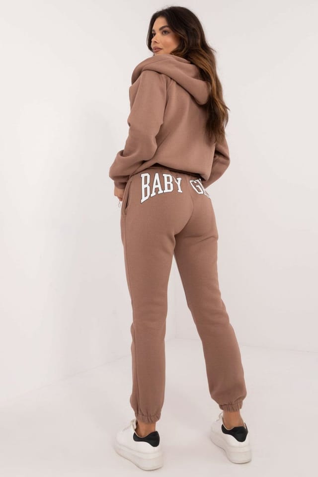 Love Lace Love Lace Women's Cotton Elastane Melange Zip Hoodie Sweats Set in Brown - 3