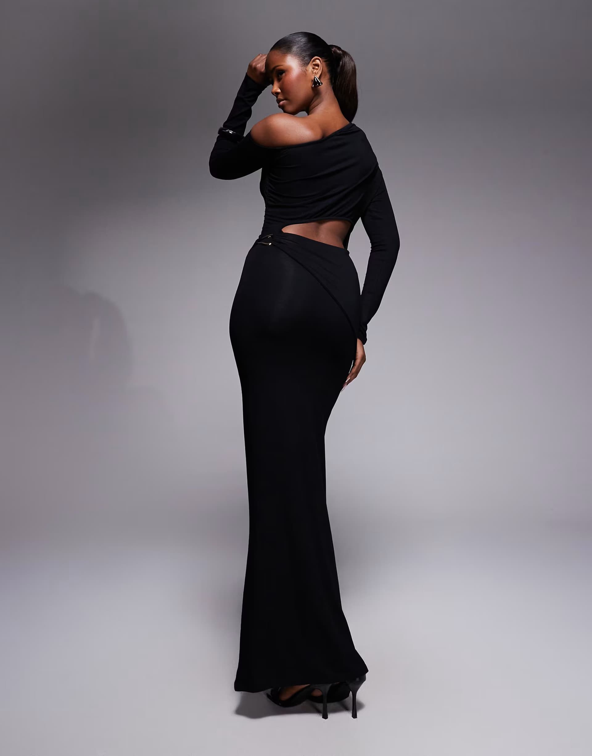ASOS ASOS DESIGN long sleeve asymmetric off shoulder maxi dress with trim back detail in black