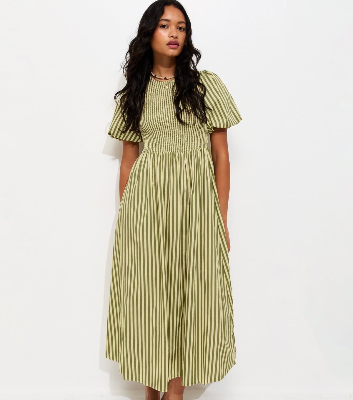 New Look Women's Green Cotton Striped Shirred Midi Dress New Look
