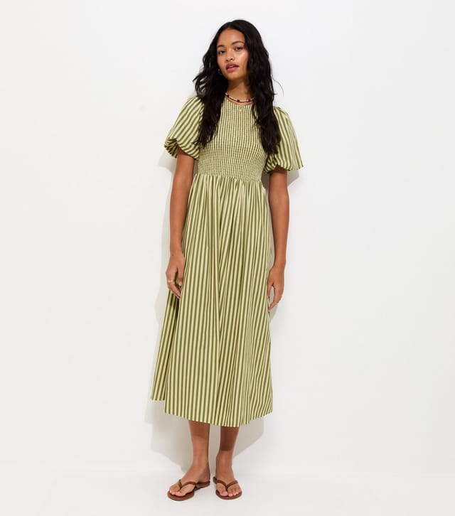 New Look Women's Green Cotton Striped Shirred Midi Dress New Look - 3