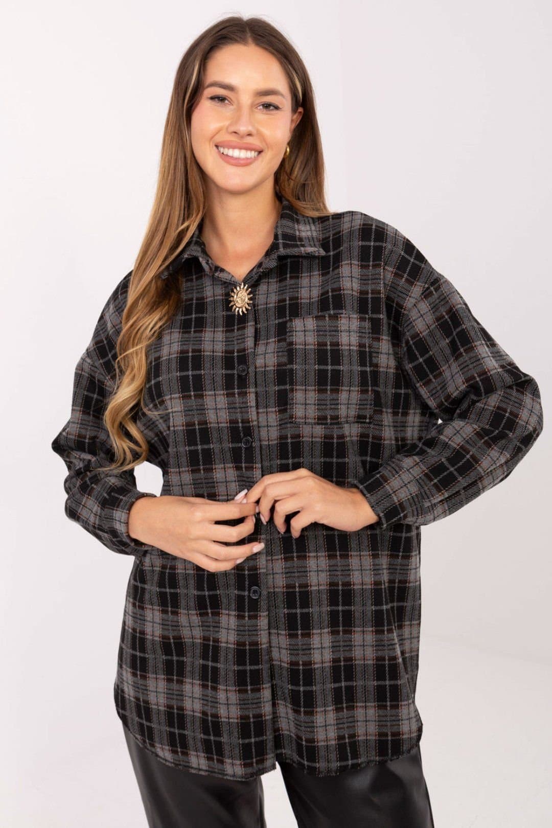 Love Lace Love Lace Women's Checkered Flannel Long Sleeve Shirt Brooch in Black