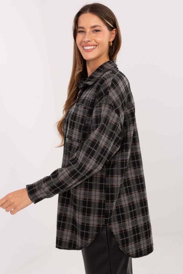 Love Lace Love Lace Women's Checkered Flannel Long Sleeve Shirt Brooch in Black - 2