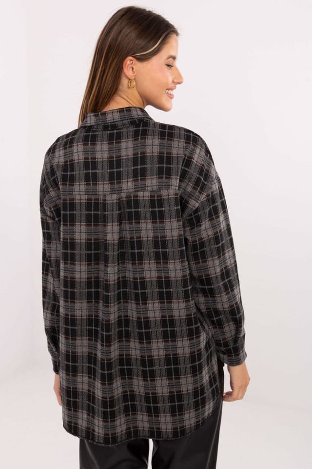 Love Lace Love Lace Women's Checkered Flannel Long Sleeve Shirt Brooch in Black - 3