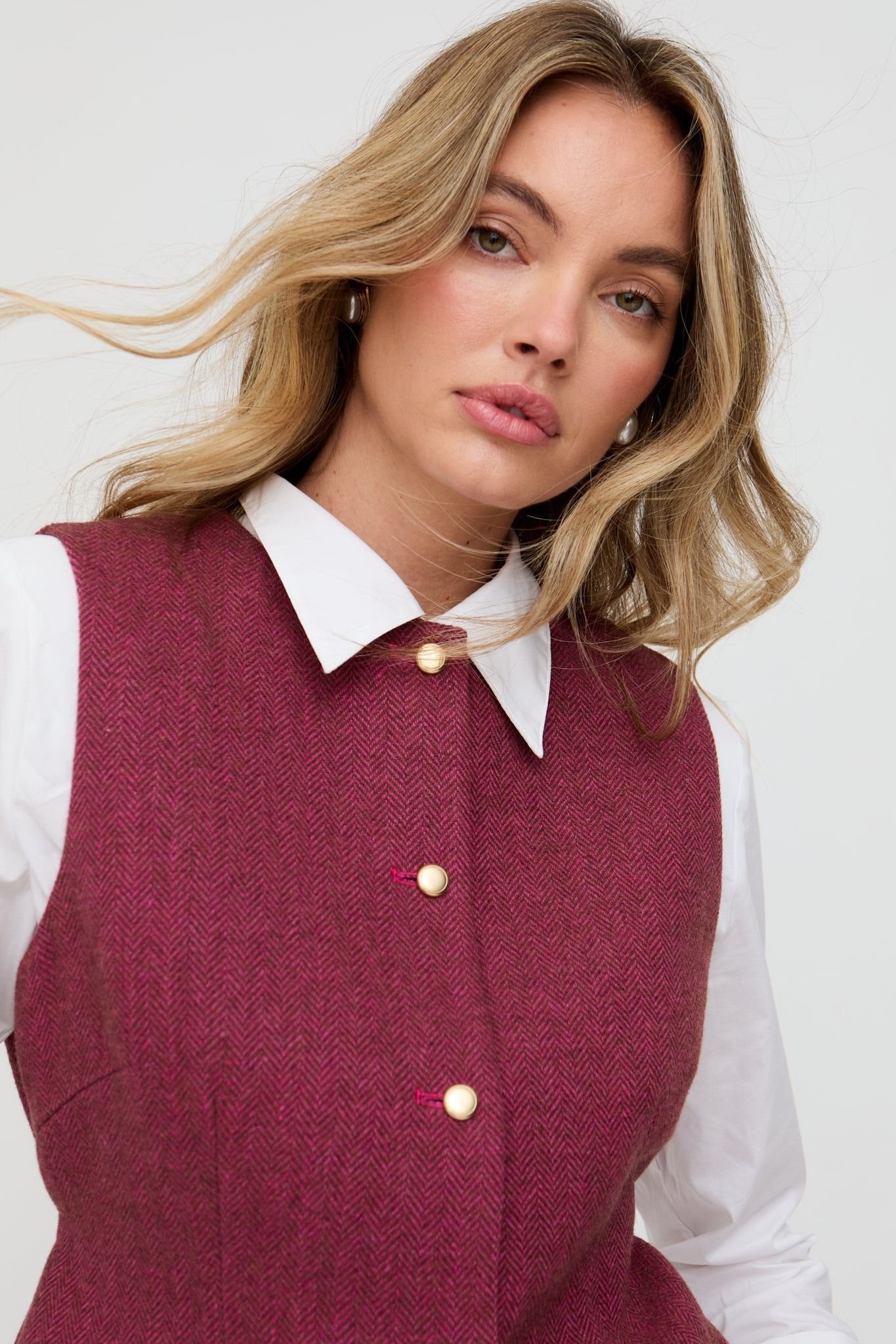 Lily and Lionel Lily and Lionel Women's Pandora Tailored Herringbone Print Waistcoat In Pink in Raspberry - 2