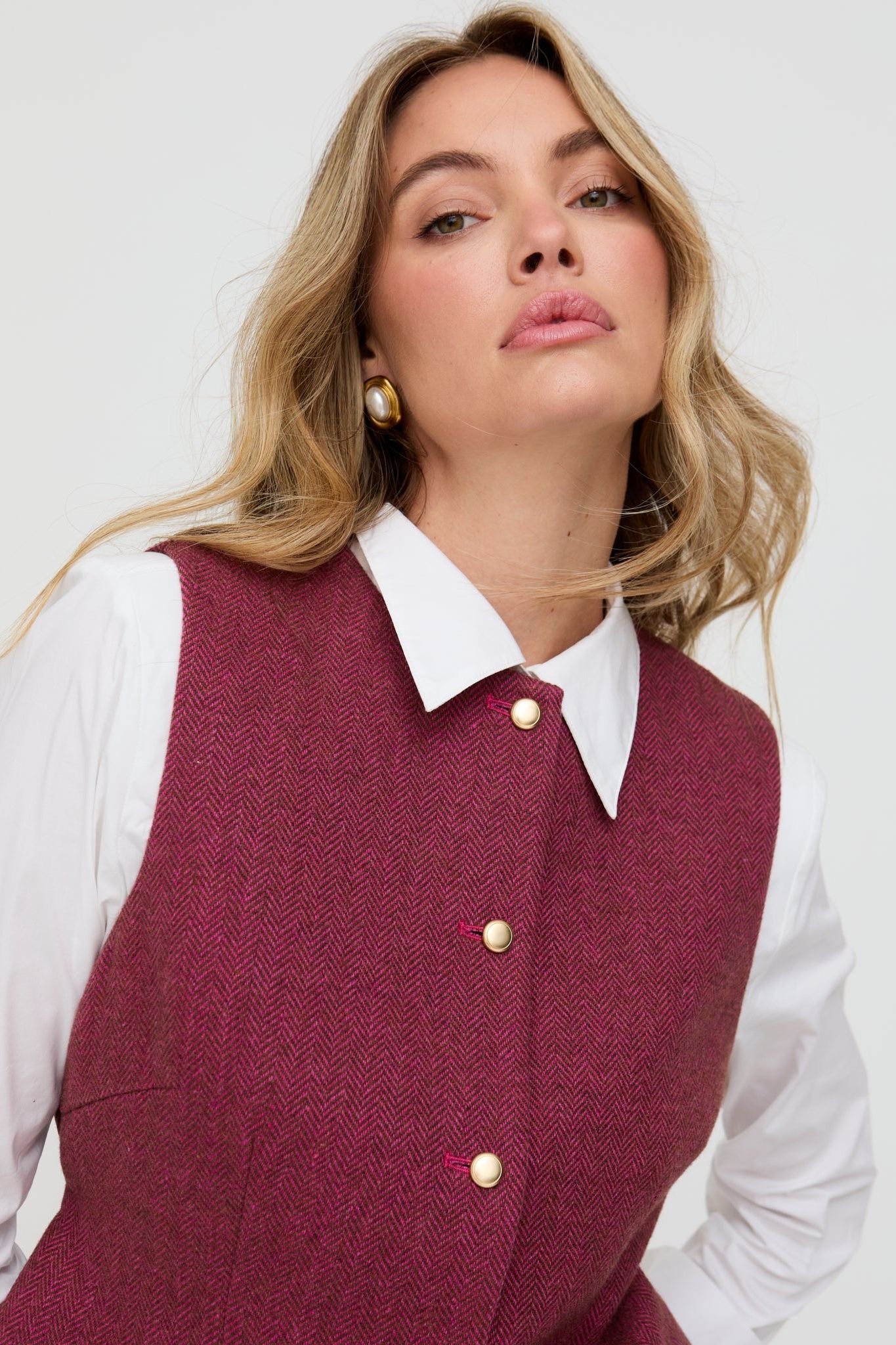 Lily and Lionel Lily and Lionel Women's Pandora Tailored Herringbone Print Waistcoat In Pink in Raspberry - 3