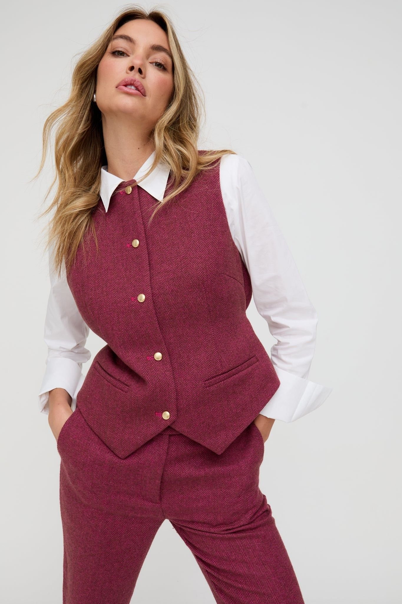 Lily and Lionel Lily and Lionel Women's Pandora Tailored Herringbone Print Waistcoat In Pink in Raspberry - 4