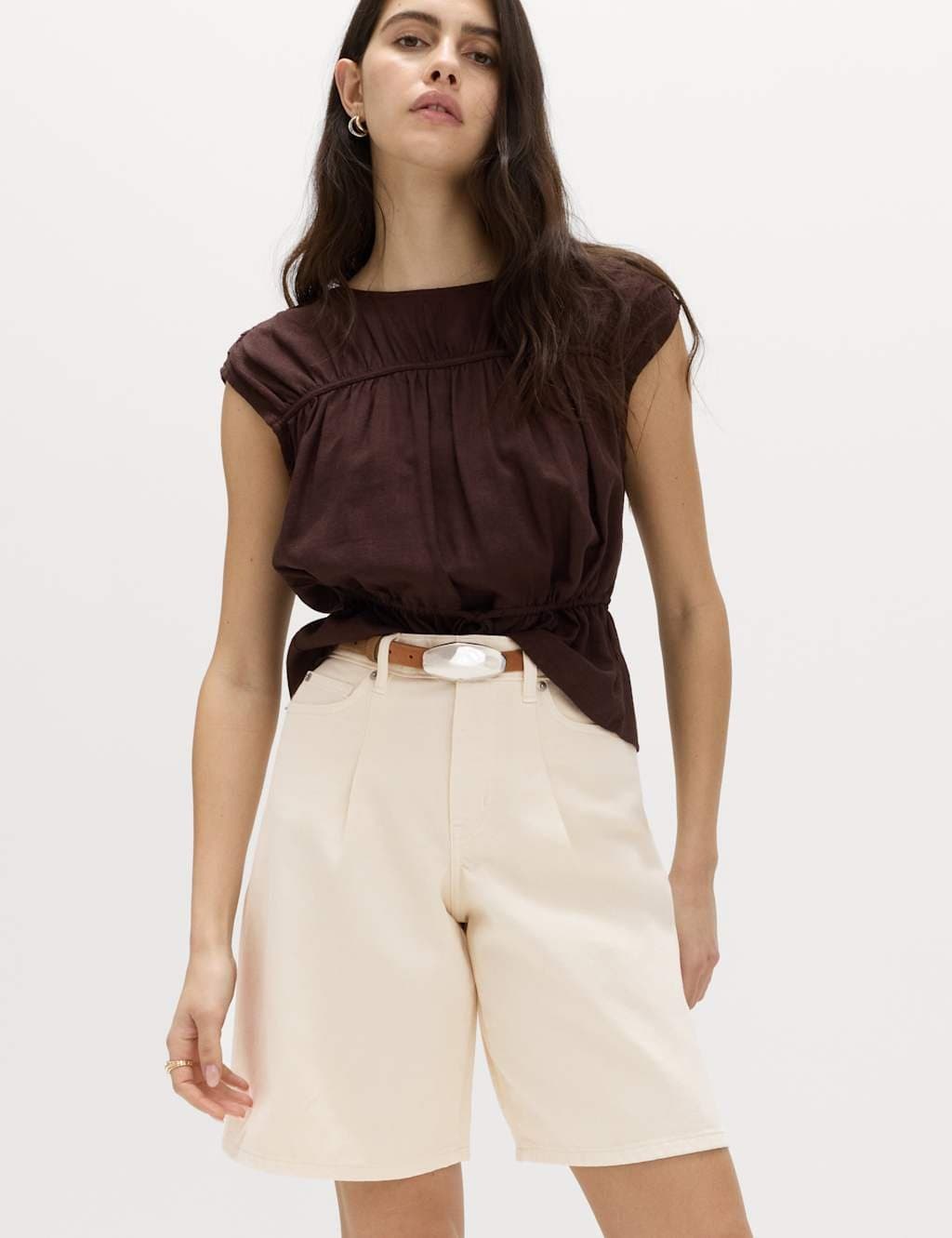 Marks & Spencer M&S Denim Pleat Front Wide Shorts Ecru