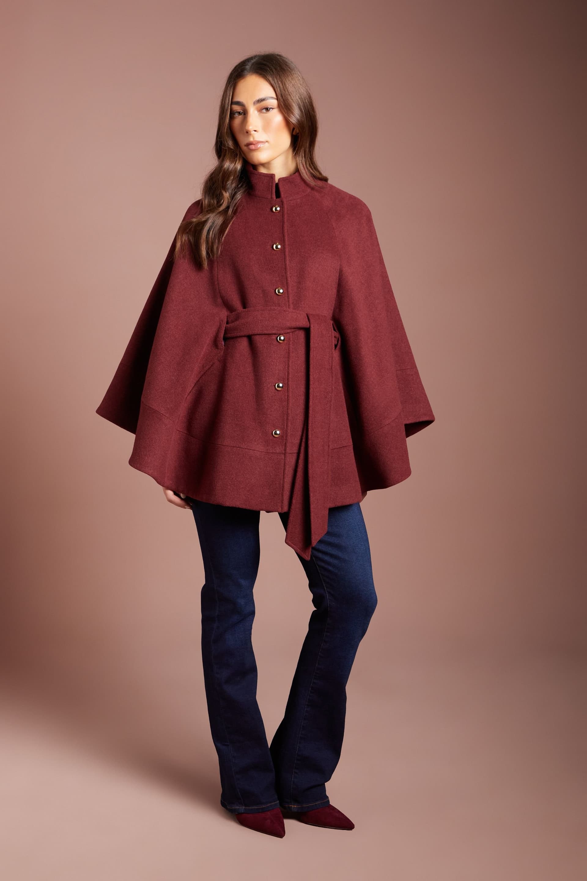 Coast Coast Women's Faux Pearl Button Detail Belted Occasion Cape in Berry