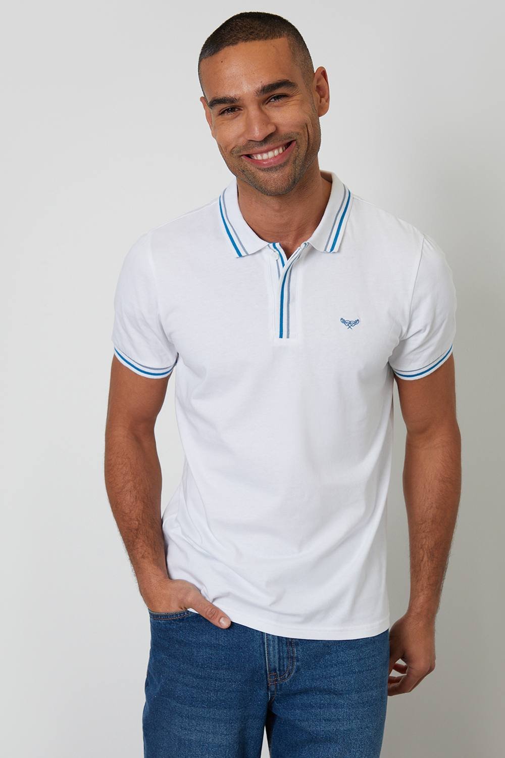 Threadbare Threadbare Men's Contrast Tipping Cotton Jersey Polo Shirt in White - 3