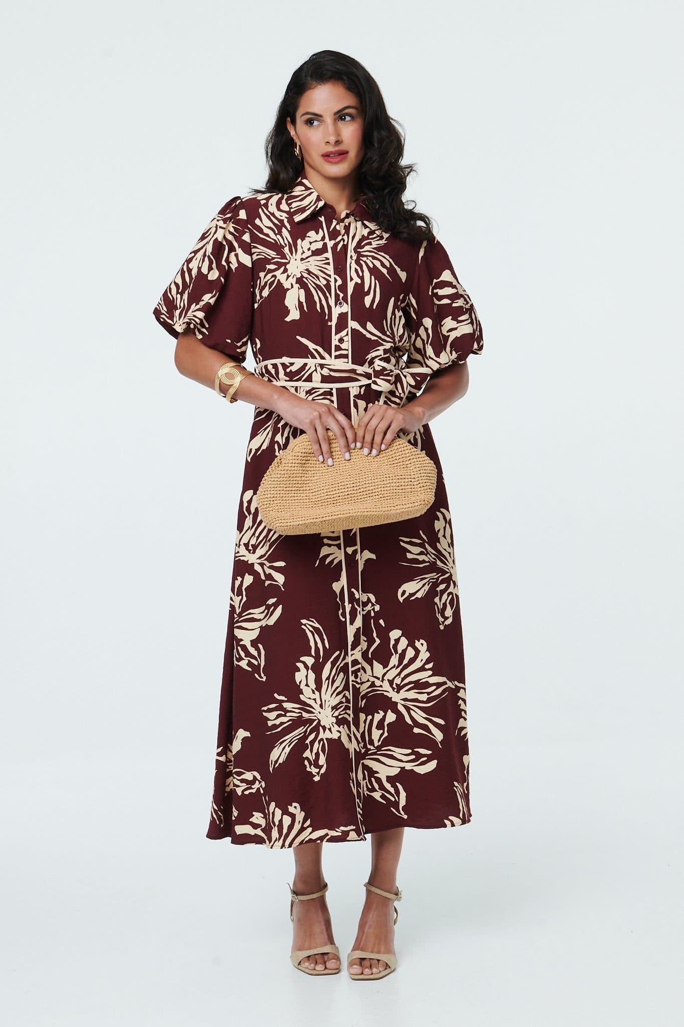 Izabel London Izabel London Women's Floral Puff Sleeve Midi Shirt Dress in Red