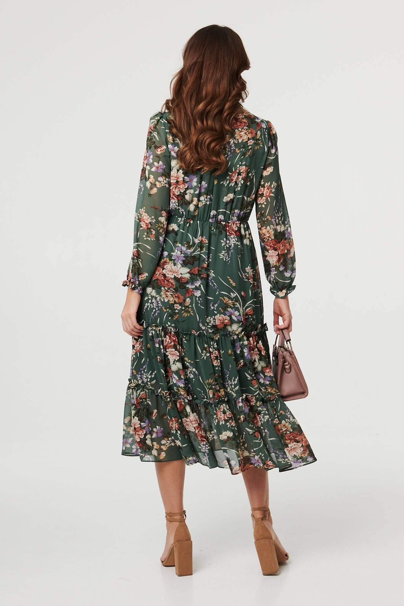 Izabel London Izabel London Women's Floral Tiered Long Sleeve Midi Dress in Green - 3