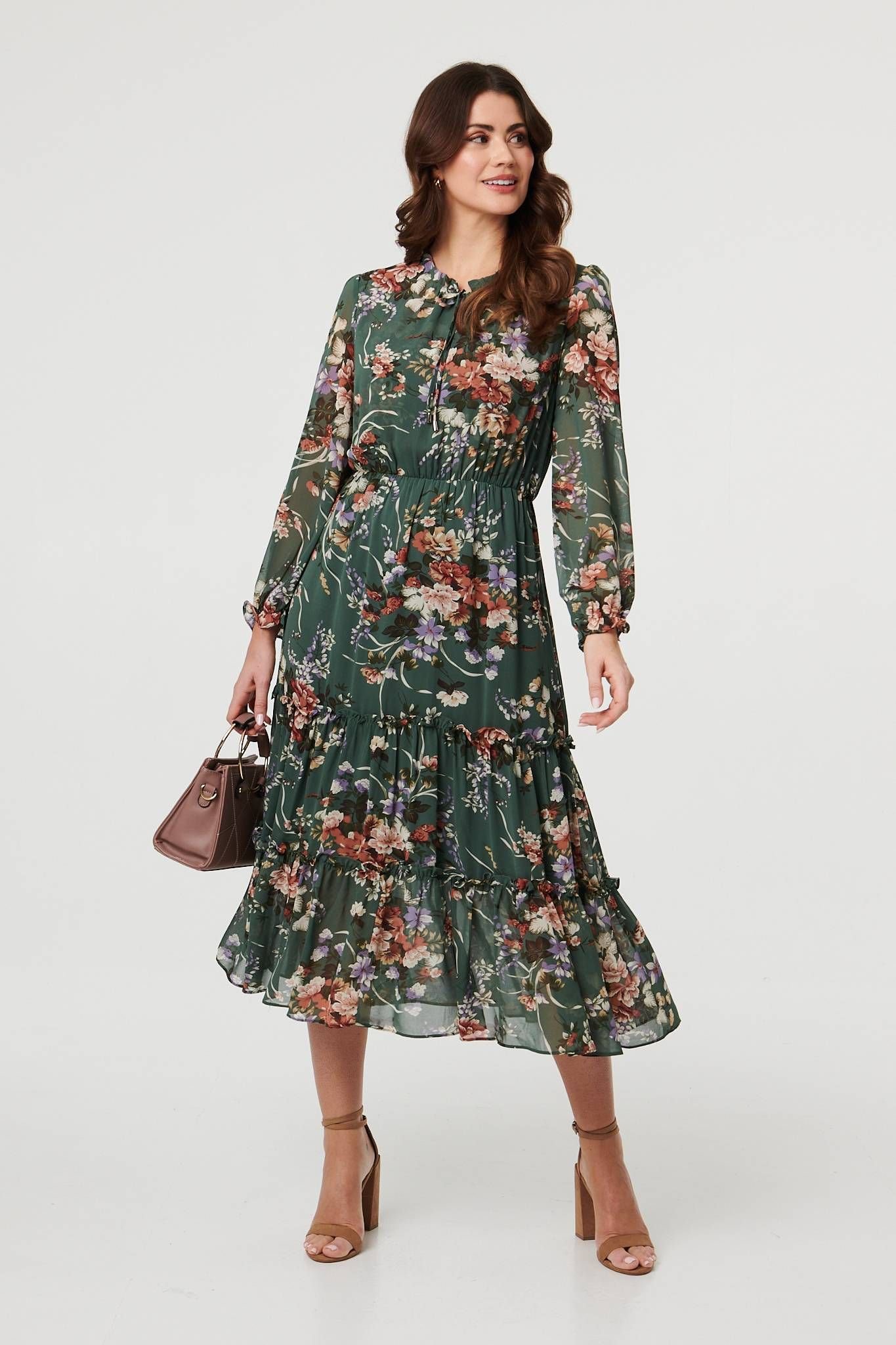 Izabel London Izabel London Women's Floral Tiered Long Sleeve Midi Dress in Green - 4