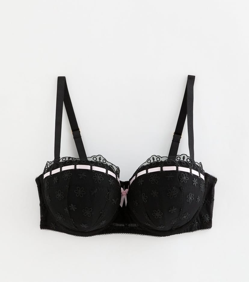 New Look Women's Black DD+ Ribbon Embroidered Balcony Bra New Look - 1