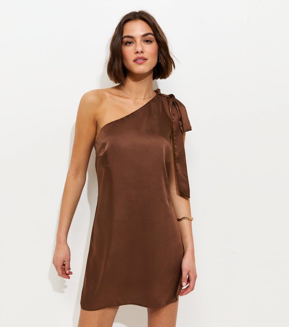 New Look Women's Dark Brown Satin One Shoulder Mini Dress New Look