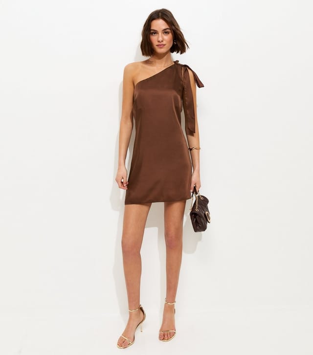 New Look Women's Dark Brown Satin One Shoulder Mini Dress New Look - 3
