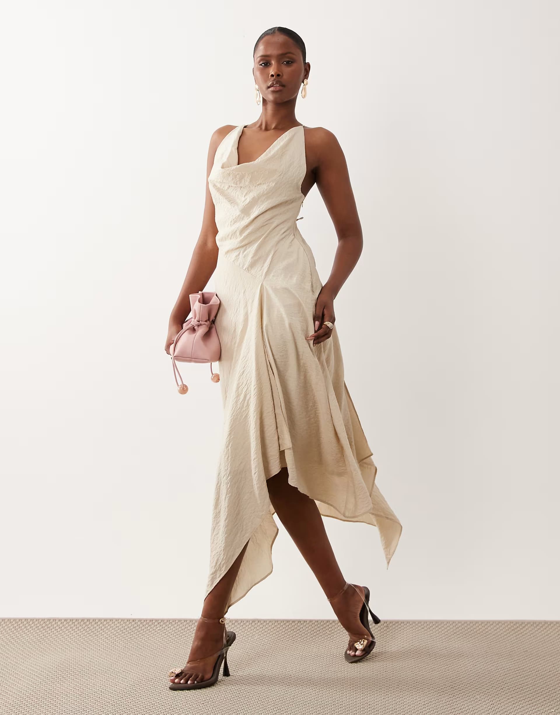 ASOS ASOS DESIGN deep cowl asymmetric open back maxi dress in stone